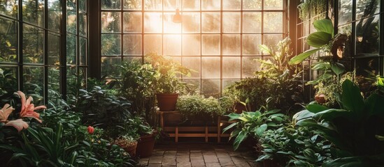 Aufkleber - Lush green plants fill a sunlit greenhouse with wooden flooring and vibrant foliage creating a serene and refreshing atmosphere
