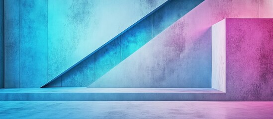 Poster - Abstract geometric background featuring a diagonally positioned blue and pink illuminated structure against a textured wall in gradient hues.