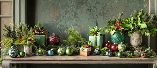 Poster - Vibrant arrangement of festive greens and colorful ornaments on a wooden table against a textured green backdrop showcasing holiday charm.