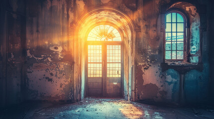 Wall Mural - Abandoned room with sunlight streaming through old doors, creating warm glow. peeling paint and dusty floor evoke sense of nostalgia and mystery