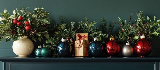 Poster - Vibrant display of festive greenery and colorful ornaments on a dark green mantel with red and gold accents creating a charming holiday atmosphere