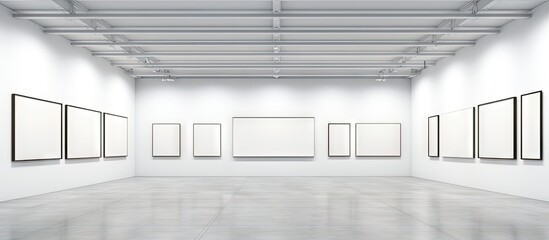Poster - Modern art gallery interior featuring blank frames on white walls, spacious layout with polished concrete floor and bright overhead lighting.