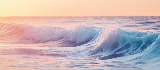 Poster - Serene pastel ocean waves gently undulate under a soft sunset light with calming shades of pink and blue providing a tranquil atmosphere.