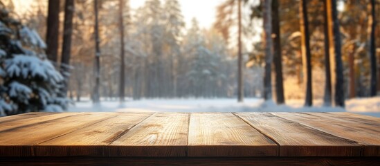 Aufkleber - Serene empty wooden table foreground with a blurred snowy forest backdrop featuring warm golden sunlight and soft white snow creating tranquility