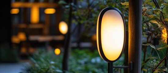 Poster - Elegant oval white streetlamp glowing softly in a lush green garden with warm yellow light creating an inviting atmosphere at dusk