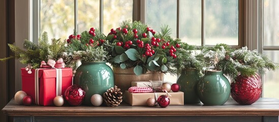 Poster - Festive arrangement of greens and gifts featuring red berries and green pots on a rustic table with colorful ornaments in a cozy window setting
