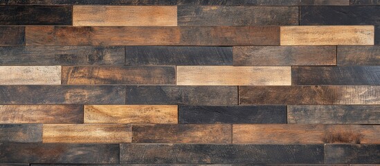 Poster - Sophisticated wall featuring dark brown wood planks and deep gray bricks arranged horizontally, ideal for enhancing stylish visual narratives.