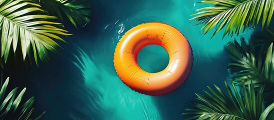 Aufkleber - Vibrant orange pool float centered in refreshing turquoise water, surrounded by lush green tropical leaves, ideal for summer-themed designs