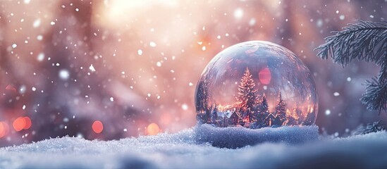 Aufkleber - Magical snow globe in snowy landscape with softly falling snowflakes and warm bokeh lights creating a festive winter ambiance in background