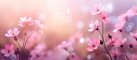 Poster - Delicate pink wildflowers softly illuminated by sunlight, creating an abstract spring background with blurred bokeh and gentle pastel hues.