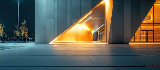 Poster - Modern building with golden light accents in an empty indoor square at night, featuring clean lines and geometric shapes on a minimalist floor.
