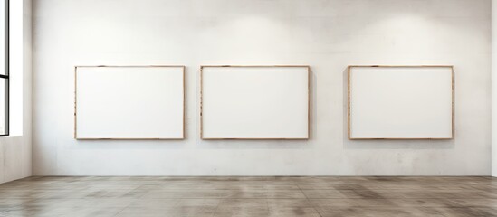 Leinwandbilder - Minimalist indoor gallery featuring three empty wooden frames on a white wall with natural light streaming in from the left side.