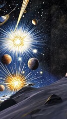 Wall Mural - Cosmic explosion of stars and planets in a vibrant universe with luminous energy bursts