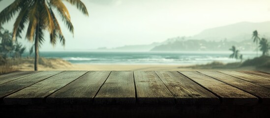 Aufkleber - Wooden table in the foreground with a blurry ocean beach view and palm trees in the background creating a serene summer atmosphere