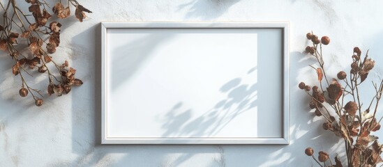 Poster - Stylish empty white wooden frame on a light marble background with soft shadows and dried foliage accents creating a serene art mockup setting