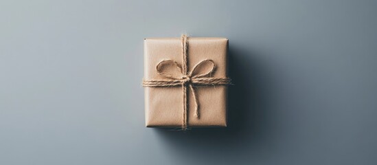 Poster - Minimalist brown gift box tied with twine on a soft blue background top view highlighting simplicity and elegance in gift presentation