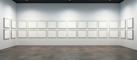 Poster - Modern art gallery featuring multiple blank frames arranged symmetrically on light gray walls, minimalistic design with a spacious floor layout.