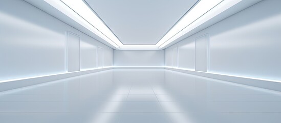 Aufkleber - Spacious modern exhibition hall with glossy white floors and illuminated ceiling lights creating a bright and minimalistic atmosphere