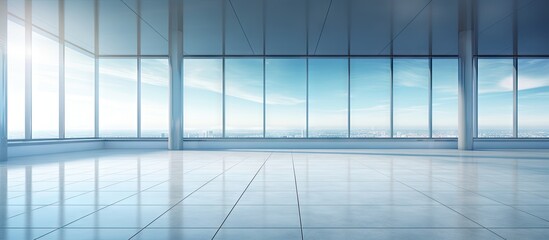 Aufkleber - Spacious empty office floor with reflective tiles and panoramic windows showcasing a clear blue sky and distant cityscape in the background