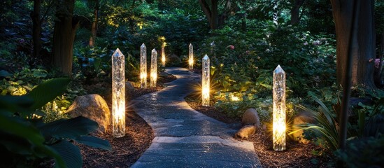 Aufkleber - Tranquil woodland path at night with glowing crystal lumens on either side illuminating the path amidst lush green foliage and stones