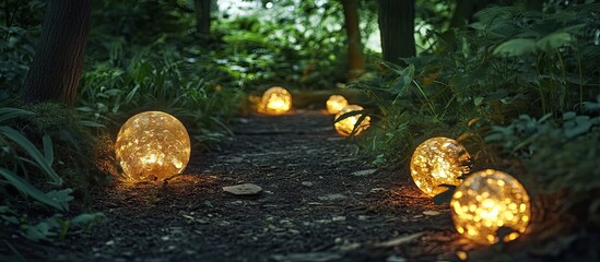 Aufkleber - Magical woodland path illuminated by glowing orbs in warm golden tones surrounded by lush green foliage and dark earthy ground creating a serene ambiance