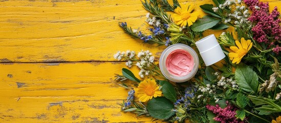 Leinwandbilder - Skincare cream in clear jar surrounded by mixed flowers and greenery on bright yellow rustic wood background top view with shrub leaves