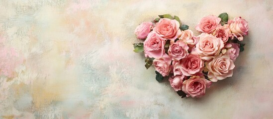 Aufkleber - Floral heart made of pink roses positioned on the right side against a soft pastel background perfect for romantic messaging and decoration