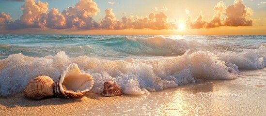 Aufkleber - Sundrenched beach scene with seashells on sandy shore waves gently rolling in under golden sunset clouds casting a warm glow on the ocean surface