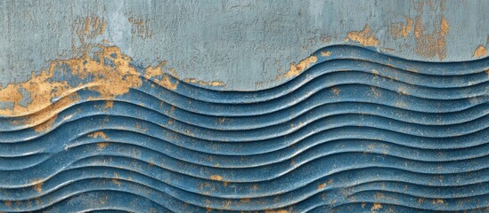 Poster - Vintage blue moire textured wall with furrows and shabby patina featuring waves in blue and gold tones for artistic and rustic design themes