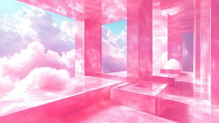 Wall Mural - A futuristic floating marketplace suspended above a sea of glowing clouds. Radiant stalls display holographic wares, and golden walkways connect the platforms, creating a luminous labyrinth 