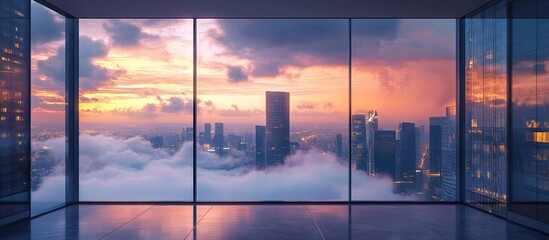 Aufkleber - Skyline view from a modern floor-to-ceiling glass window showcasing a vibrant sunset with dramatic clouds and city silhouette in the foreground