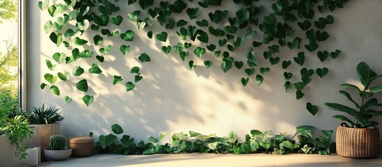 Aufkleber - Vibrant green leaves cascade down a sunlit wall with potted plants below creating a serene indoor garden atmosphere of freshness and nature.