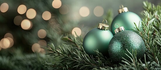 Poster - Elegant Christmas ornaments in shades of green nestled among evergreen branches, softly blurred bokeh lights in the background, creating a festive ambiance.