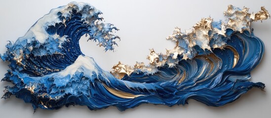 Aufkleber - Fluid art composition with dynamic blue waves and metallic gold accents creating a captivating seascape against a light background.