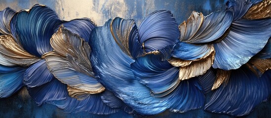 Aufkleber - Fluid art composition featuring swirling blue waves and metallic gold accents with a smooth gradient background emphasizing captivating textures.