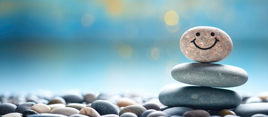 Poster - Smiling stone atop three smooth pebbles on a sandy beach with a soft blue background and warm bokeh lights creating a tranquil atmosphere.
