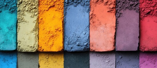 Poster - Vibrant colored powders in horizontal arrangement showcasing orange, yellow, green, blue, purple, and pink hues against a dark background.