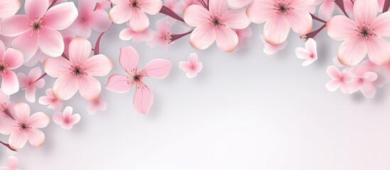 Poster - Delicate arrangement of pink and white flowers on a soft white background with space for text featuring a subtle blend of colors and shapes
