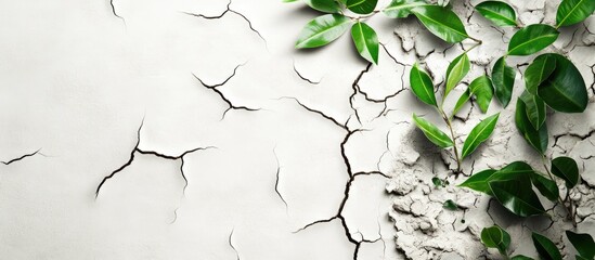 Aufkleber - Cracked dry wall background with green leaves on the left side creating a contrast between dryness and life with natural textures in soft lighting