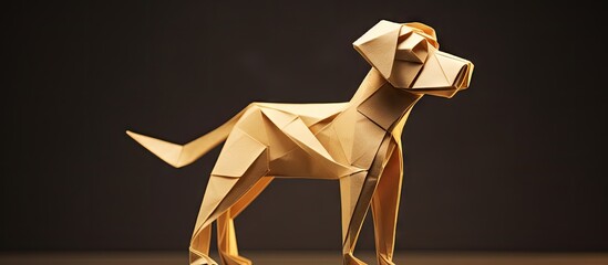 Poster - Origami dog sculpture in warm beige tones against a dark backdrop highlighting intricate folds and details, positioned prominently on the right side.