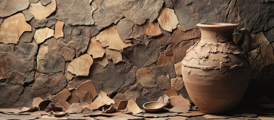 Poster - Clay pot and fragments on earthy ceramic tiles with scattered tree bark shards creating a rustic, ancient pottery aesthetic in warm brown tones.