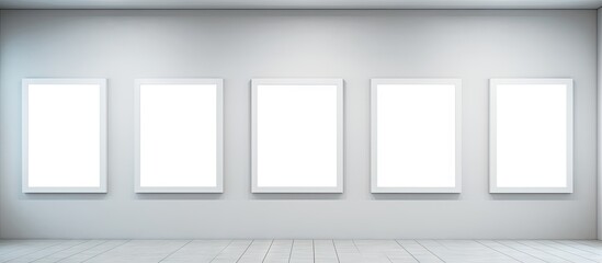 Aufkleber - Bright minimalist gallery with five empty white frames on a light gray wall, showcasing a spacious and uncluttered artistic environment.