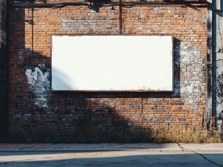 Blank Billboard on Brick Wall: A large, empty billboard, ready for your message, is mounted on a weathered brick wall with peeling paint, capturing the gritty texture of an urban landscape.