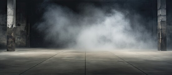 Aufkleber - Abandoned concrete room with a smooth gray floor and wisps of white smoke rising low, dimly lit creating a mysterious atmospheric effect.
