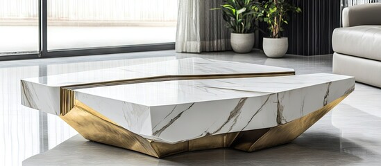 Aufkleber - Modern coffee table featuring a geometric design with a white marble top and gold accents, positioned in a bright, contemporary living space.