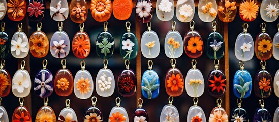 Leinwandbilder - Handmade epoxy resin pendants showcasing vibrant orange, yellow, and white flowers, arranged in a colorful display on a neutral background.