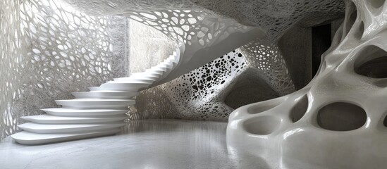 Poster - Elegant white spiral staircase in an abstract architectural space surrounded by organic shapes with patterns emphasizing light and shadow dynamics.