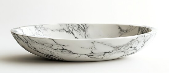 Poster - Sleek oval white marble bowl with elegant black veins positioned at a slight angle on a neutral background, perfect for contemporary decorative purposes.