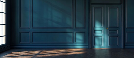Aufkleber - Dark teal room with Windsor button wall detailing, showcasing sunlight shadows on wooden floor, inviting stylish interior design aesthetic