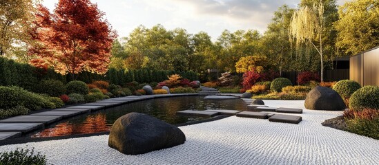 Poster - Autumn zen garden with lush greenery and vibrant fall colors featuring serene water reflections, smooth stones, and a tranquil walking path.
